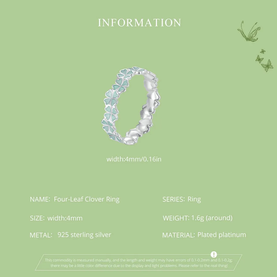 Bamoer 925 Sterling Silver Four-Leaf Clover Ring Mint Green Leaves Vine Ring Fine Jewelry Gift for Women Party