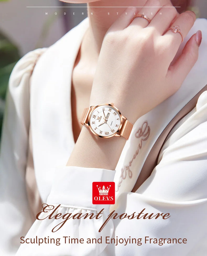 OLEVS 2920 Women's Watch Fashion Original Date Week Display Mesh Strap Roman Dial Luminous Ladies Quartz Wristwatch
