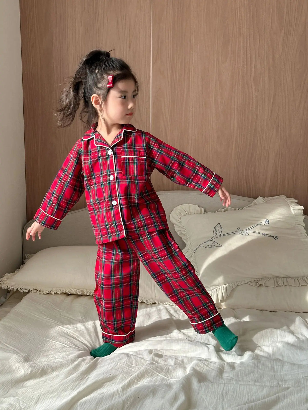 Merry Christmas Kids Pure Cotton Pajamas Set Plaid Print Turn-down Collar Button Shirt Trousers 2 Pieces Suit Homewear Xmas Look