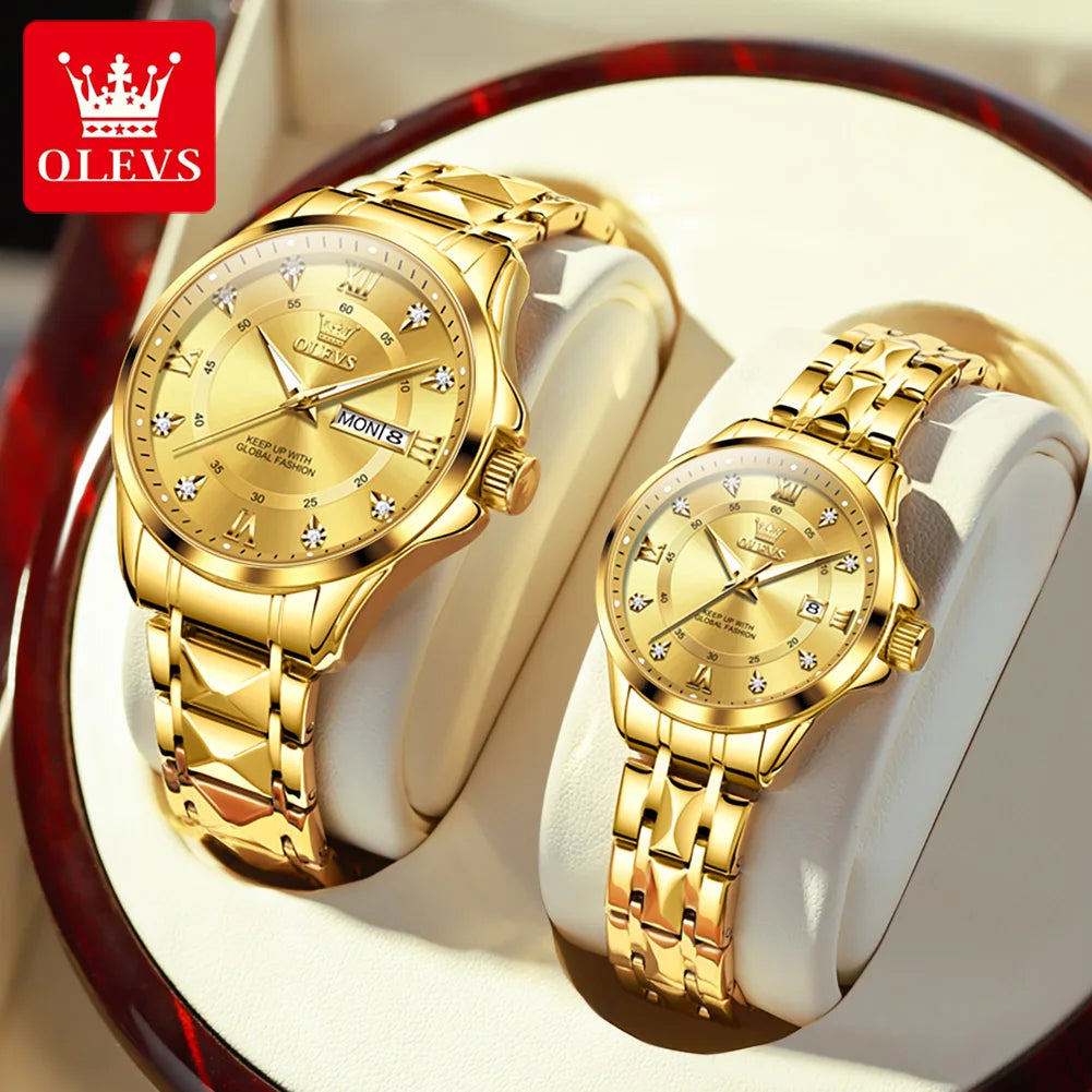 OLEVS 2906 Couple Watch Pair Luxury Diamond Shaped Steel Strap Calendar Week Quartz Wristwatch Men Women Luxury Lovers Watches