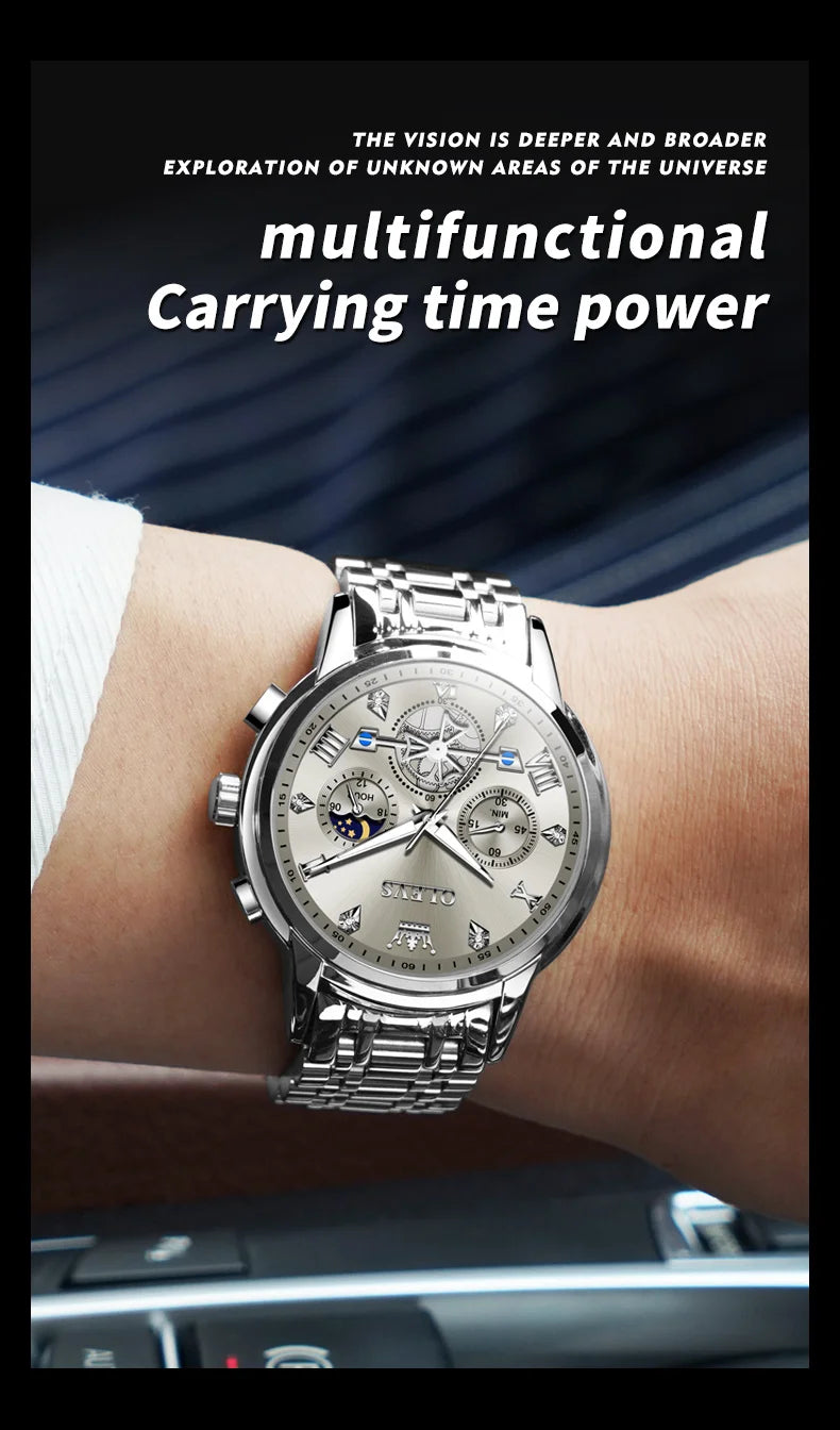 OLEVS Men's Watches Classic Multifunctional Flywheel Design Stainless steel Waterproof Moon Phase Men's Wristwatches 2024 Trend