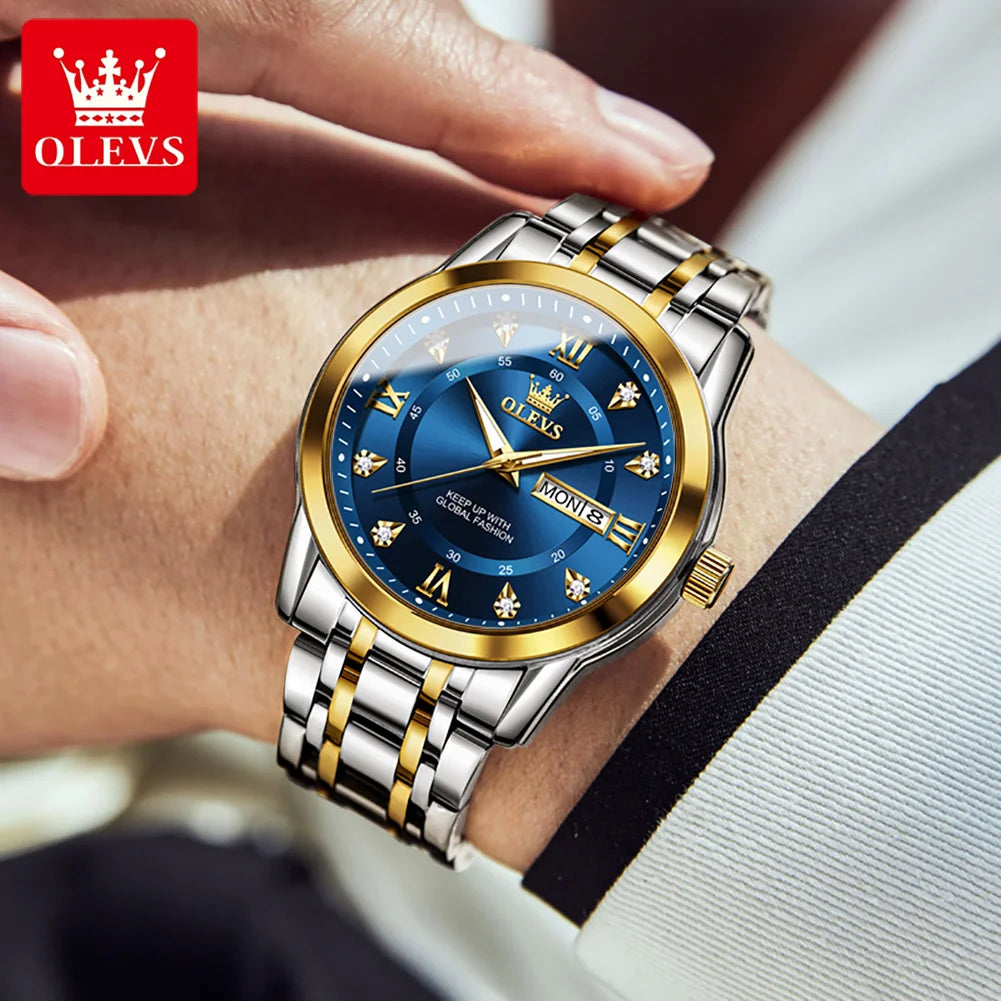 OLEVS 5513 Mens Watch Original Fashion Brand Quartz Waterproof Luminous Watch For Man Stainless Steel Dual Calendar Watch Box