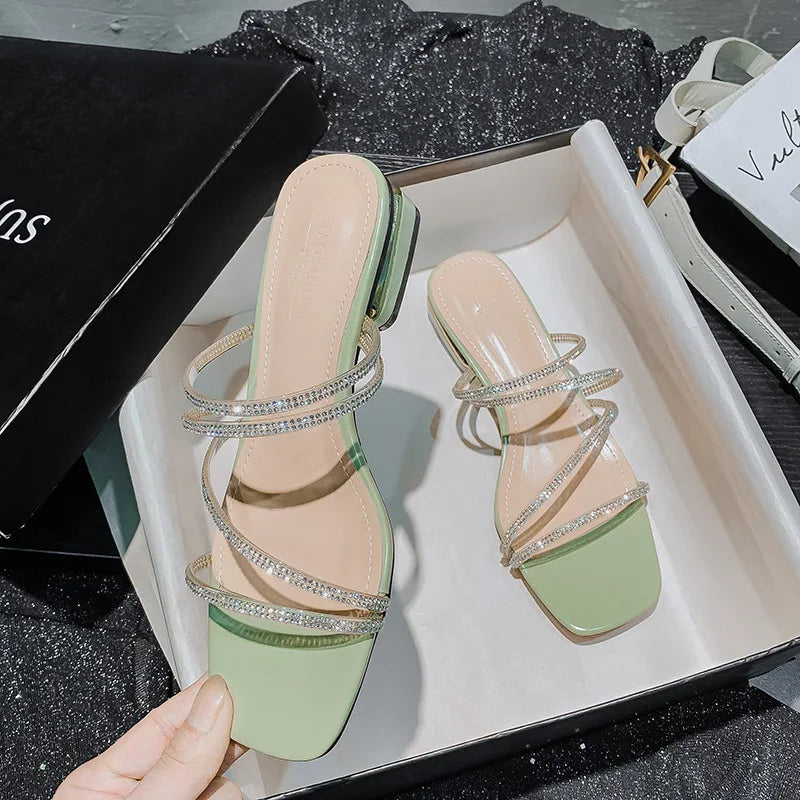 crystal narrow band sandalias mujer low heel clear slippers women rhinestone strap flip flops shiny party shoes big size 43