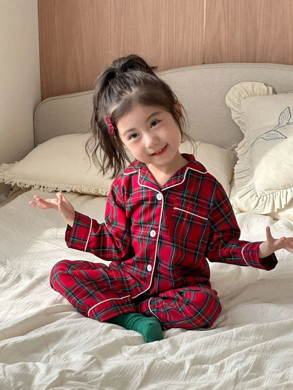 Merry Christmas Kids Pure Cotton Pajamas Set Plaid Print Turn-down Collar Button Shirt Trousers 2 Pieces Suit Homewear Xmas Look