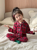 Merry Christmas Kids Pure Cotton Pajamas Set Plaid Print Turn-down Collar Button Shirt Trousers 2 Pieces Suit Homewear Xmas Look
