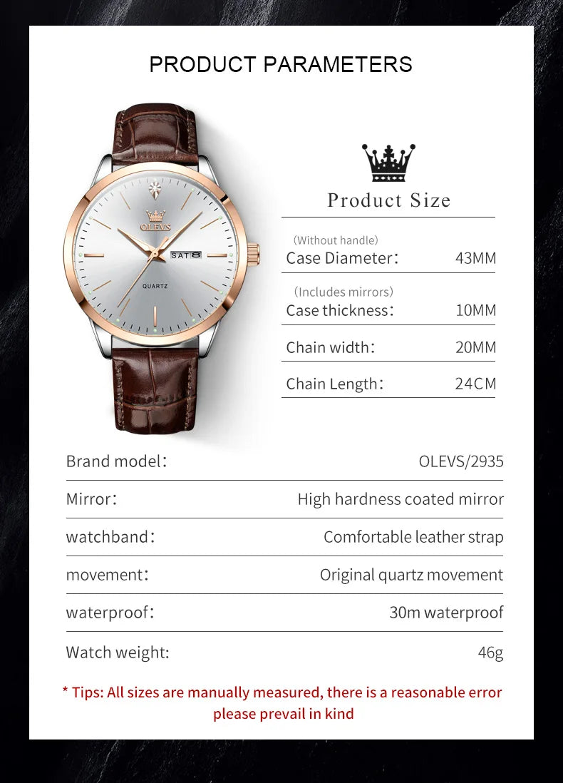 OLEVS 2935 Business Men's Watch Luxury Leisure Dual Calendar Waterproof Luminous Large Dial Watch Top Brand Men Quartz Watch