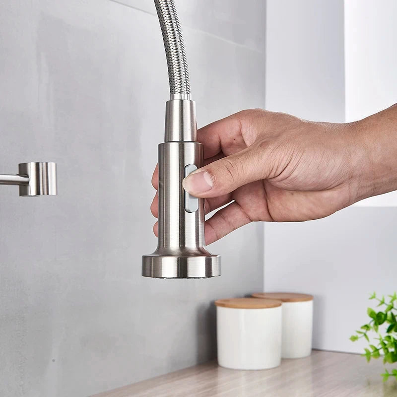 Spring Brushed Nickel Kitchen Faucet Deck Mounted Mixer Tap 360 Degree Rotation Stream Sprayer Nozzle Kitchen Sink Hot Cold Taps