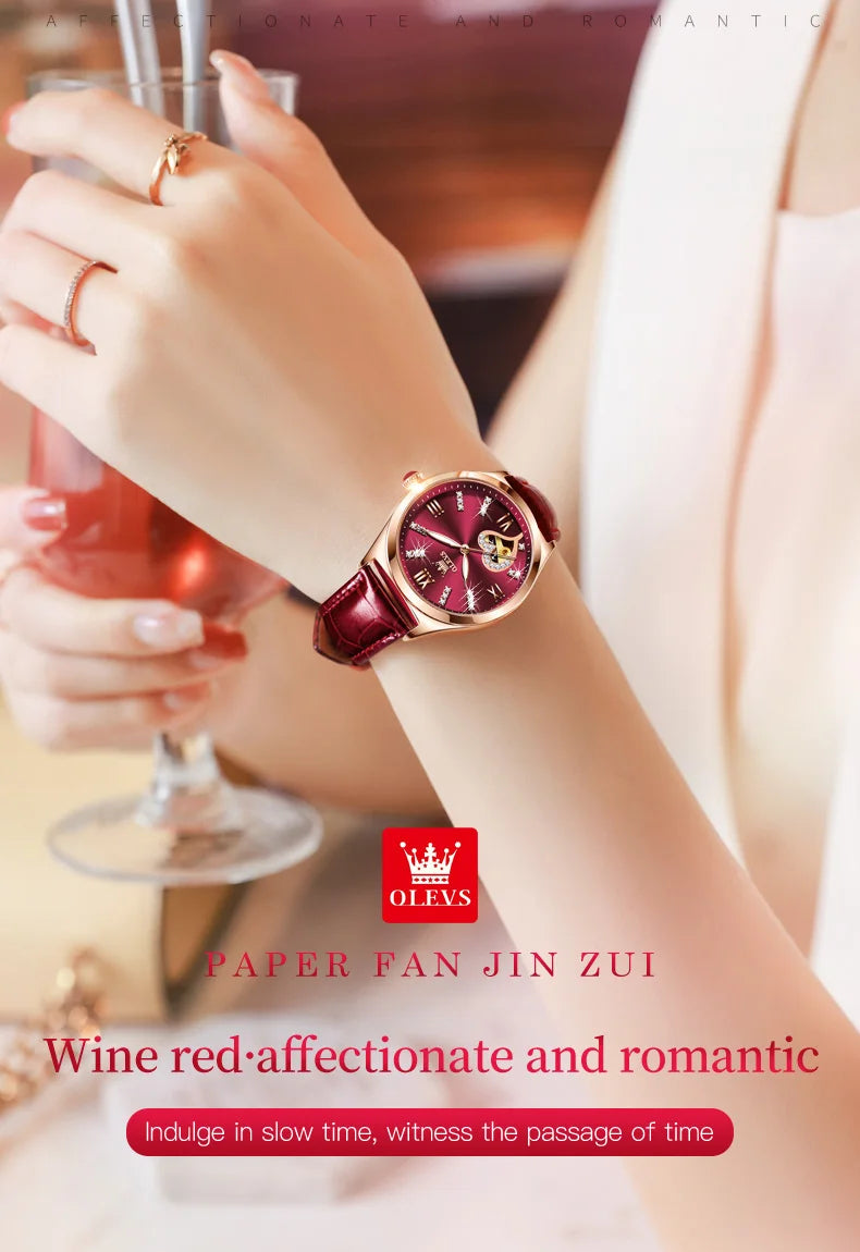 OLEVS 6636 Luxury Women Watch Fully Automatic Hollow Design Diamond Heart Shaped Watch Elegant Mechanical Women Bracelet Watch