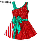 Kids Girls Sequins Christmas Dance Costume Candy Cane Striped Ballet Tutu Dance Dress Bowknot Leotard Party New Year Dancewear