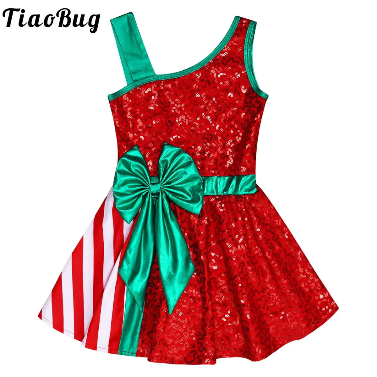 Kids Girls Sequins Christmas Dance Costume Candy Cane Striped Ballet Tutu Dance Dress Bowknot Leotard Party New Year Dancewear