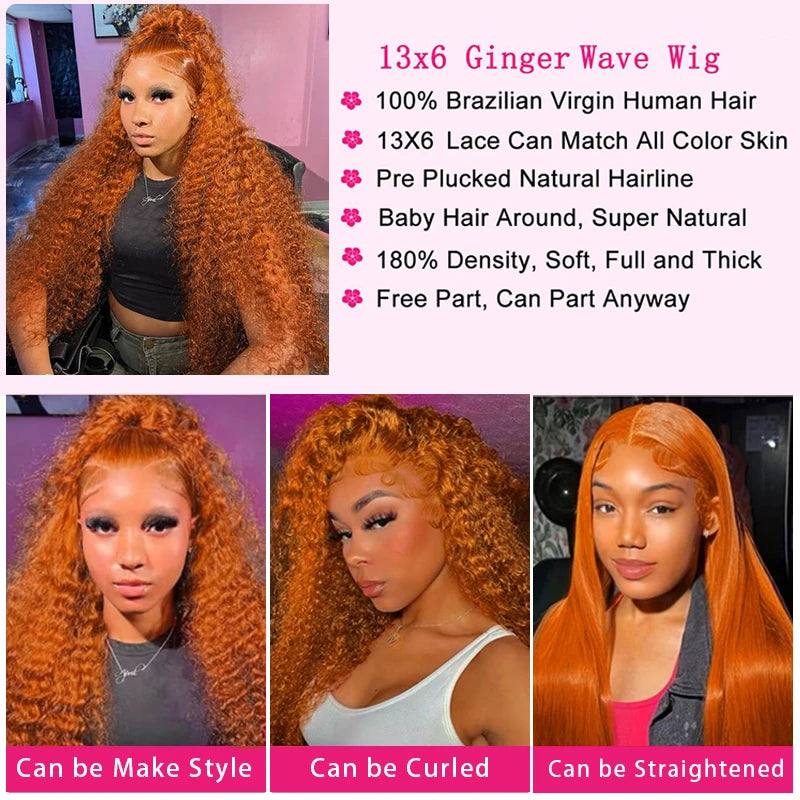 Orange Ginger #350 13X6 Lace Frontal Wigs Water Deep Wave 100% Remy Human Hair 13x4 Lace Front Wig 32inch  Pre Plucke For Women