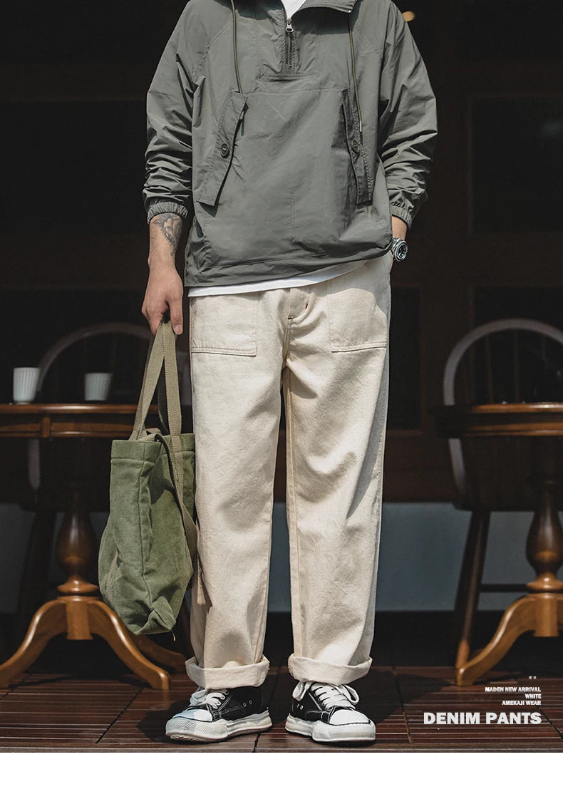 Maden Vintage 11.2oz White Cottonseed Hull Jeans Casual Loose Fit Straight Trousers for Men's Spring and Fall Chino Cargo Pants