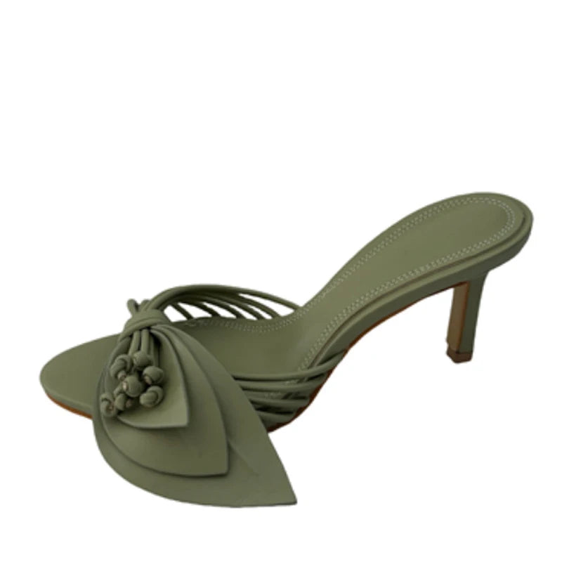 Liyke Designer Women Green Leaf Narrow Band Summer Slipper Sandal Street Fashion Open Toe Mules Thin Low Heels Party Dress Shoes