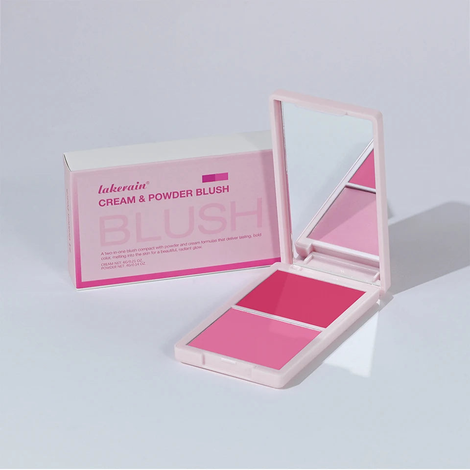 2IN1 Pink Blush Matte Dewy Rosy Blush With Brush Makeup Pan Long Wearing High Pigment Orange Red Cream & Powder Blush Palette