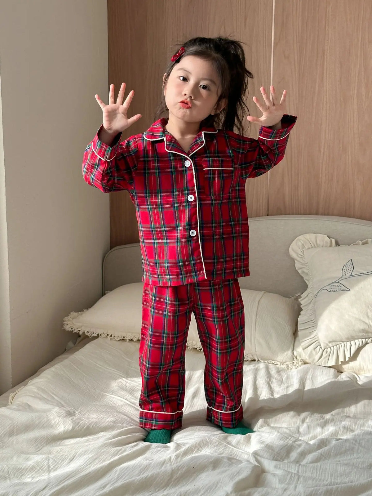 Merry Christmas Kids Pure Cotton Pajamas Set Plaid Print Turn-down Collar Button Shirt Trousers 2 Pieces Suit Homewear Xmas Look