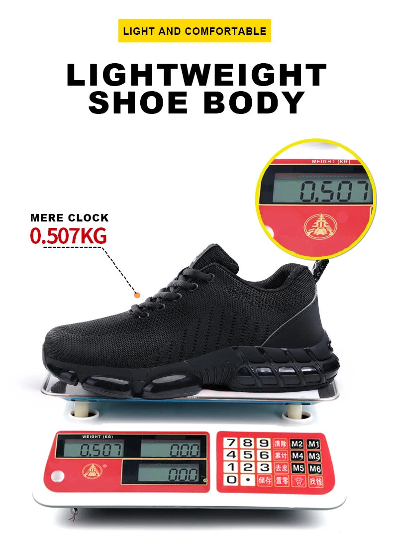 Safety Shoes Men Steel Toe Boots Anti-smash Anti-puncture Safety Work Shoes Men Lightweight Breathable Protective Shoes Black