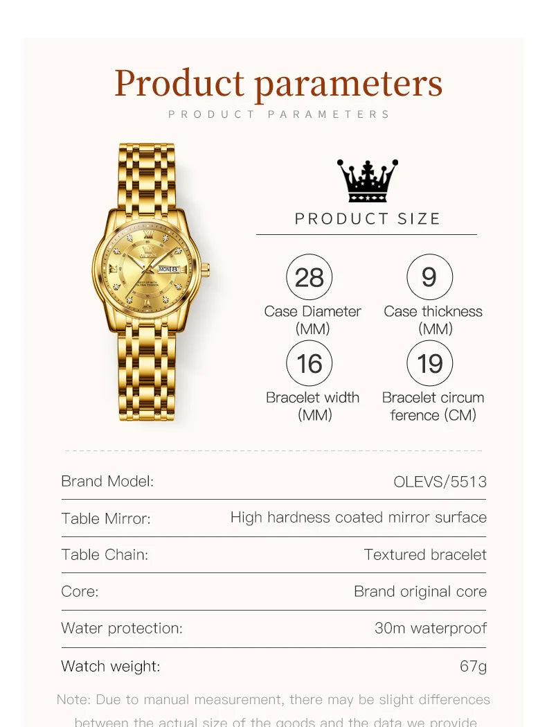 OLEVS 5513 Women's Watches Diamond Dial Dual Calendar Display Stainless steel Ladies Watch