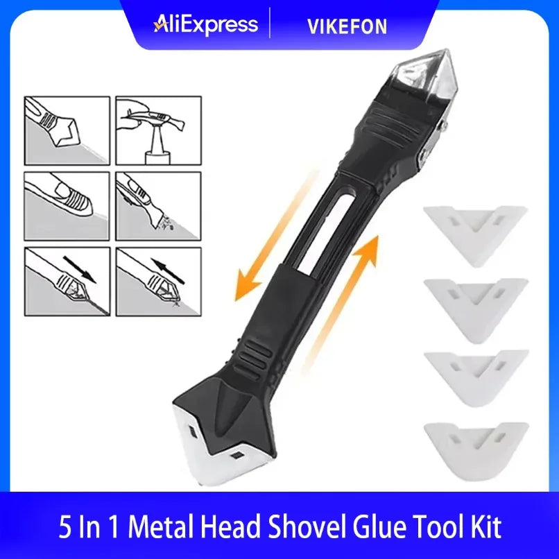 5 in 1 Caulking Tool Glass Glue Scraper Sealant Finishing Replacement Tips for Home Improvement Silicone Squeegee Caulk Remover
