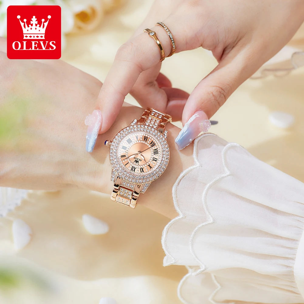 OLEVS 9943  Women's Quartz Watches Roman Dial  Diamond Bezel Luxury Elegant Waterproof Ladies Dress Wristwatch