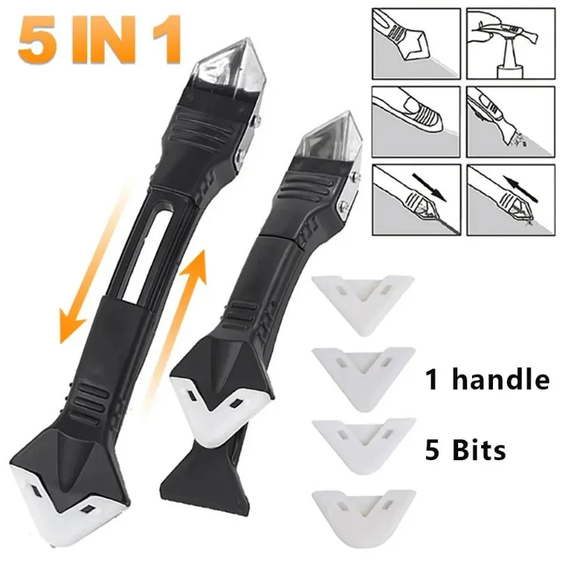 5 in 1 Caulking Tool Glass Glue Scraper Sealant Finishing Replacement Tips for Home Improvement Silicone Squeegee Caulk Remover