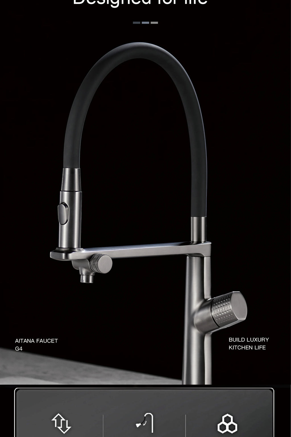 Luxury Gun Gray Brass Kitchen Faucet 1 Hole Double Handle Cold and Hot Dual Control, with Filtered Water Two Function Sink Tap
