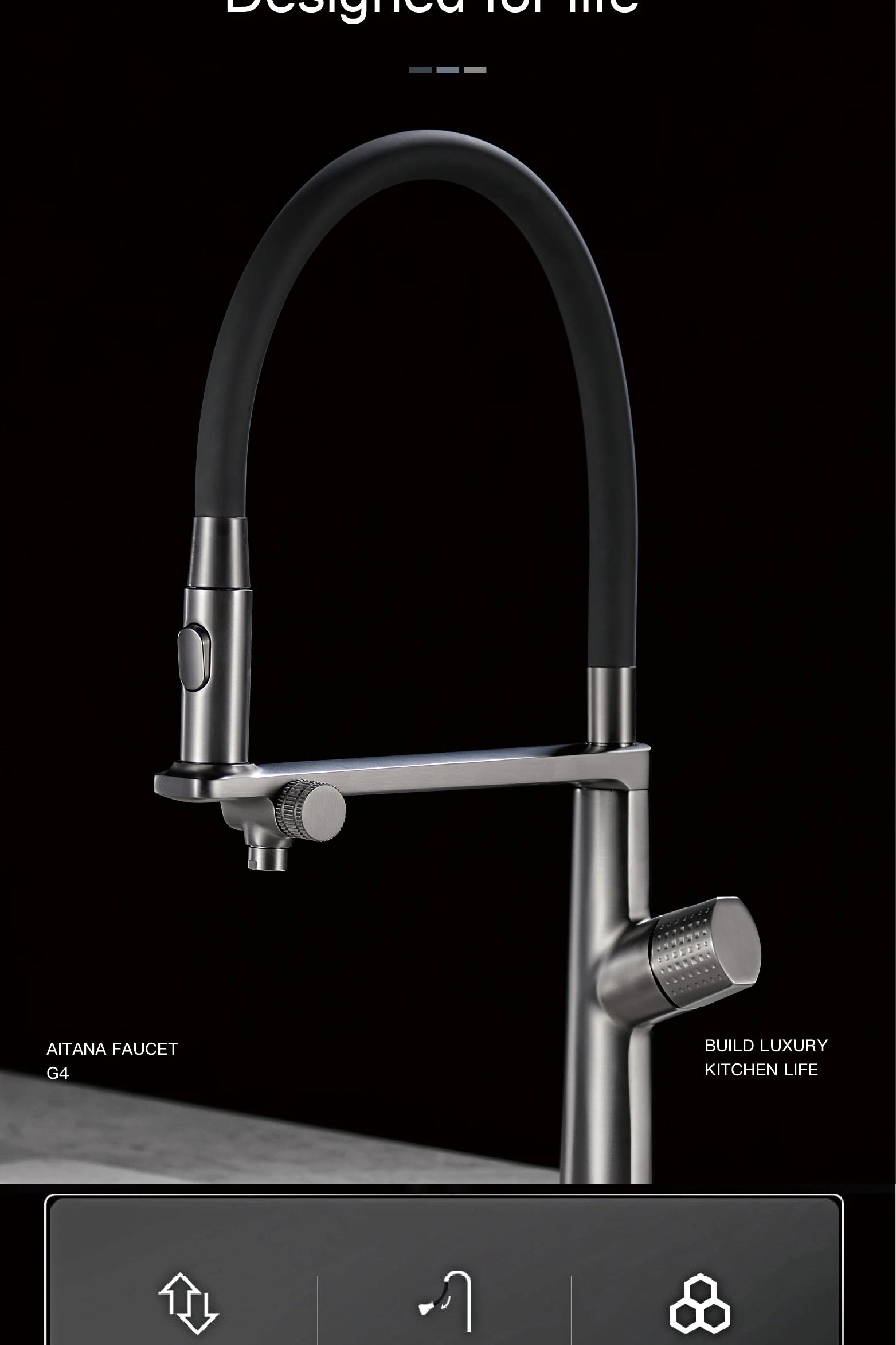 Luxury Gun Gray Brass Kitchen Faucet 1 Hole Double Handle Cold and Hot Dual Control, with Filtered Water Two Function Sink Tap