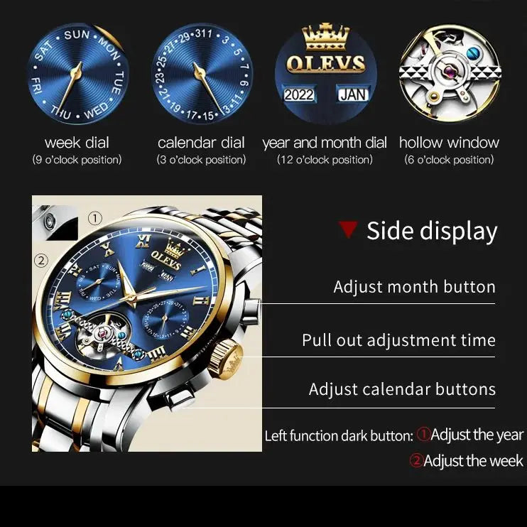 OLEVS 6607+6602 Original Men Women Watch Luxury Brand Tourbillon Mechanical Watch High end Romantic Lover Date Gift Couple Watch