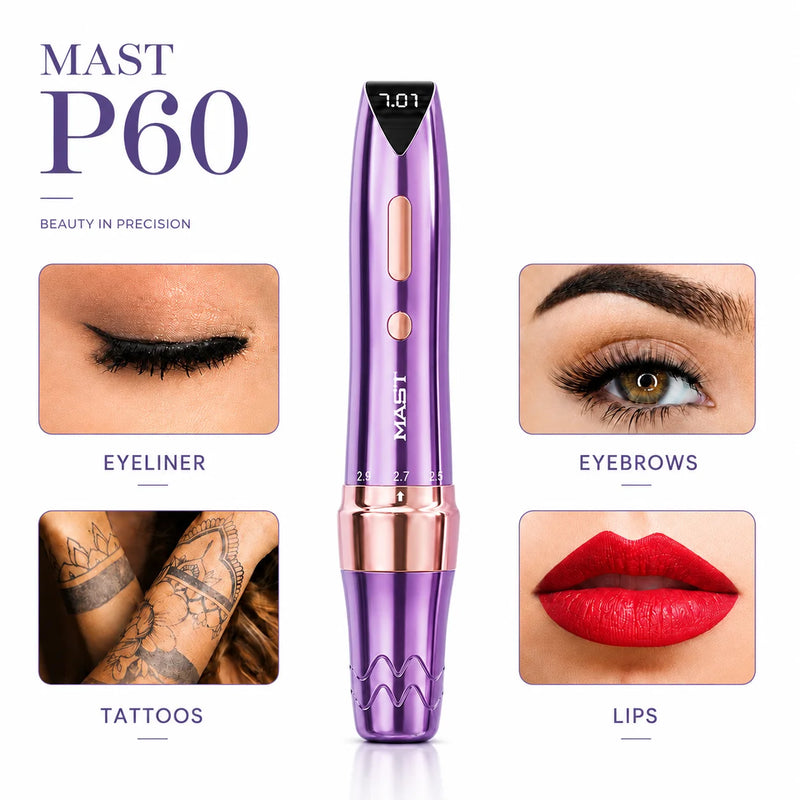 Mast P60 Permanent Makeup Tattoo Machine 5 Adjustable Strokes LED Digital Display Lightweight Design for Eyebrows Eyeliner Lip