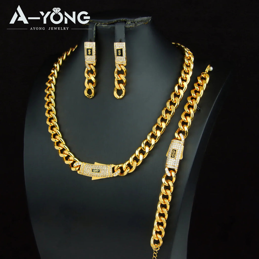 Monaco Zirconia Chunky Cuban Jewelry Set 24k Gold Plated Italian Hip Hop Necklace Bracelet Earrings Dubai Women Fashion Jewelrys