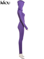 kliou Casual Women 2 Piece Set Classic Tracksuits Solid Long Sleeve Zip-up Hood Tops+Slim Elastic Pants Sporty Concise Outfits
