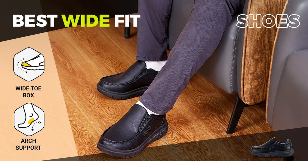 FitVille Men Wide Fit Leather Slip On Casual Loafers, Lightweight Arch Support Walking Shoes, Orthopedic Pain Relief Shoes for Swollen Feet & High Instep