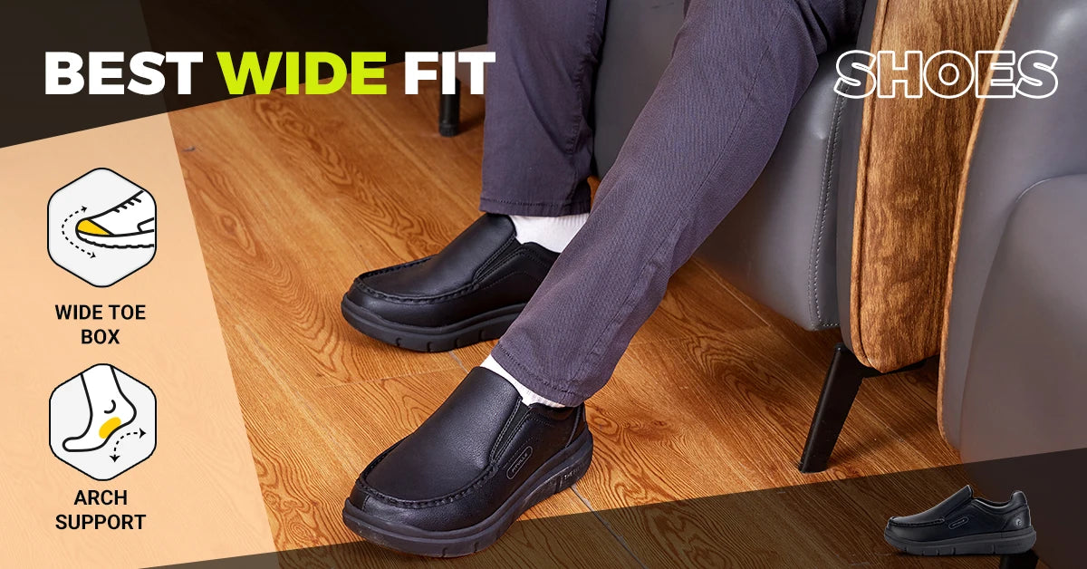 FitVille Men Wide Fit Leather Slip On Casual Loafers, Lightweight Arch Support Walking Shoes, Orthopedic Pain Relief Shoes for Swollen Feet & High Instep