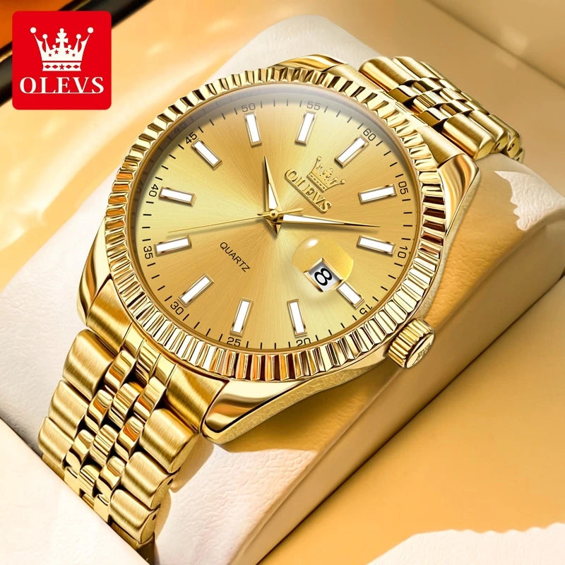 OLEVS Brand Luxury Gold Quartz Watch for Men Stainless Steel Waterproof Luminous Calendar Fashion Mens Watches Relogio Masculino