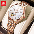 OLEVS Brand 2024 New Fashion Hollow Mechanical Watch for Women Luxury Stainless Steel Strap Waterproof Luminous Womens Watches