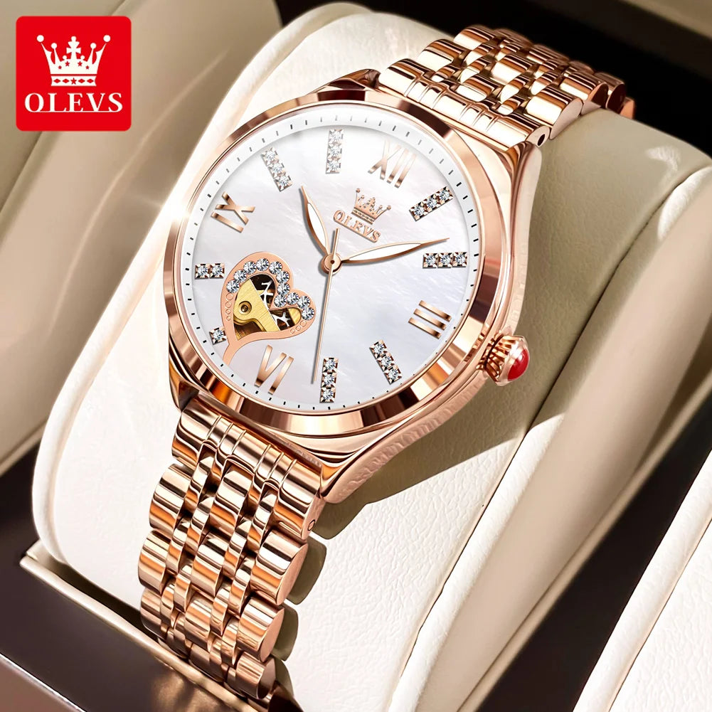 OLEVS Brand 2024 New Fashion Hollow Mechanical Watch for Women Luxury Stainless Steel Strap Waterproof Luminous Womens Watches