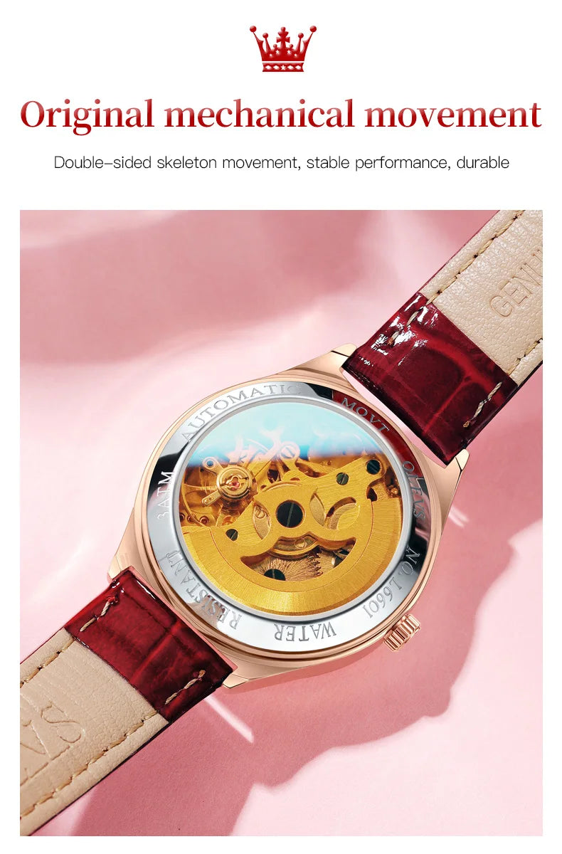 OLEVS Fashion Women Mechanical Watches Bracelets and Necklaces Set Leather Strap Luxury Hollow Ladies WristWatches Reloj Mujer