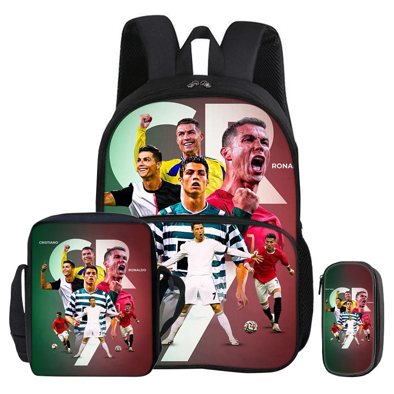 Ronaldo 3Pcs Set with Front Pocket Backpack Football Sport Shoulder Bag CR Football Star Pencil Bag Student School Bags Rucksack