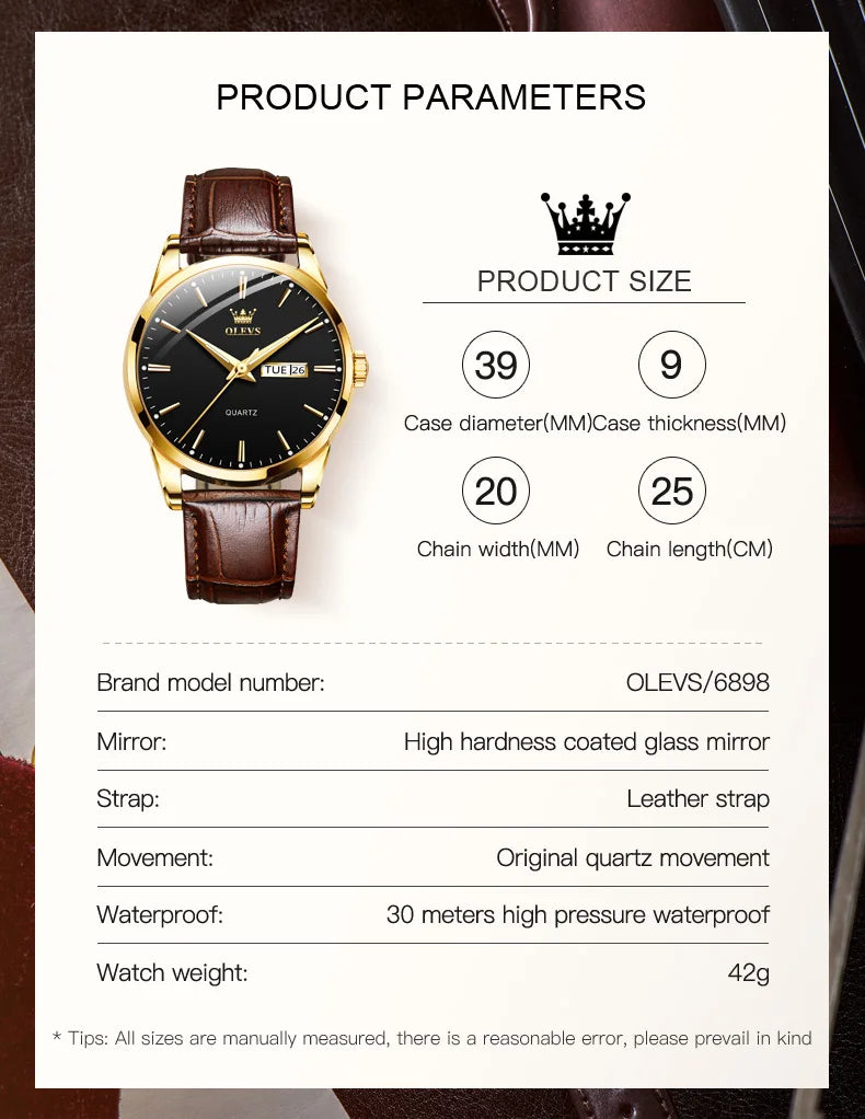 OLEVS 6898 Luxury Waterproof Quartz Watch for Men Sports Shock-resistant Calendar Genuine Leather Luminous Mens Wristwatches