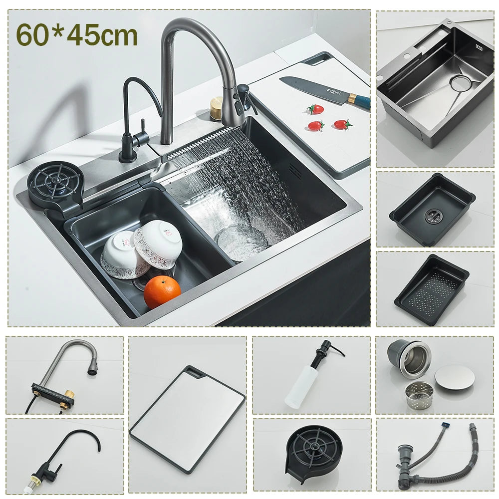 304 Stainless Steel Waterfall Kitchen Sink Large Single Slot Integrated Faucet Set Soap Dispenser/Pure Water/Cup Washer