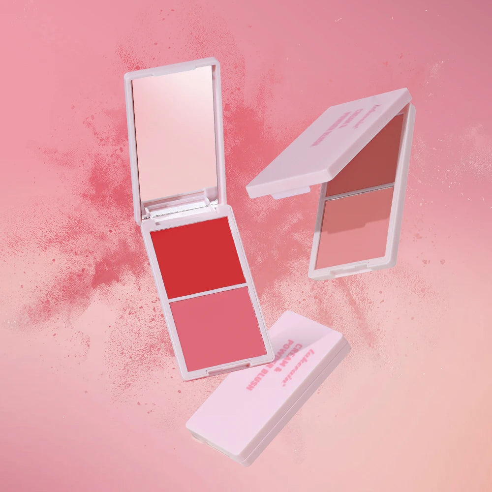 Creme & Powder Blush Duo Long Wearing Matte & Dewy Finish High Pigment Pink Candy Peach Blush Palette Vibrant Orange Red Blush