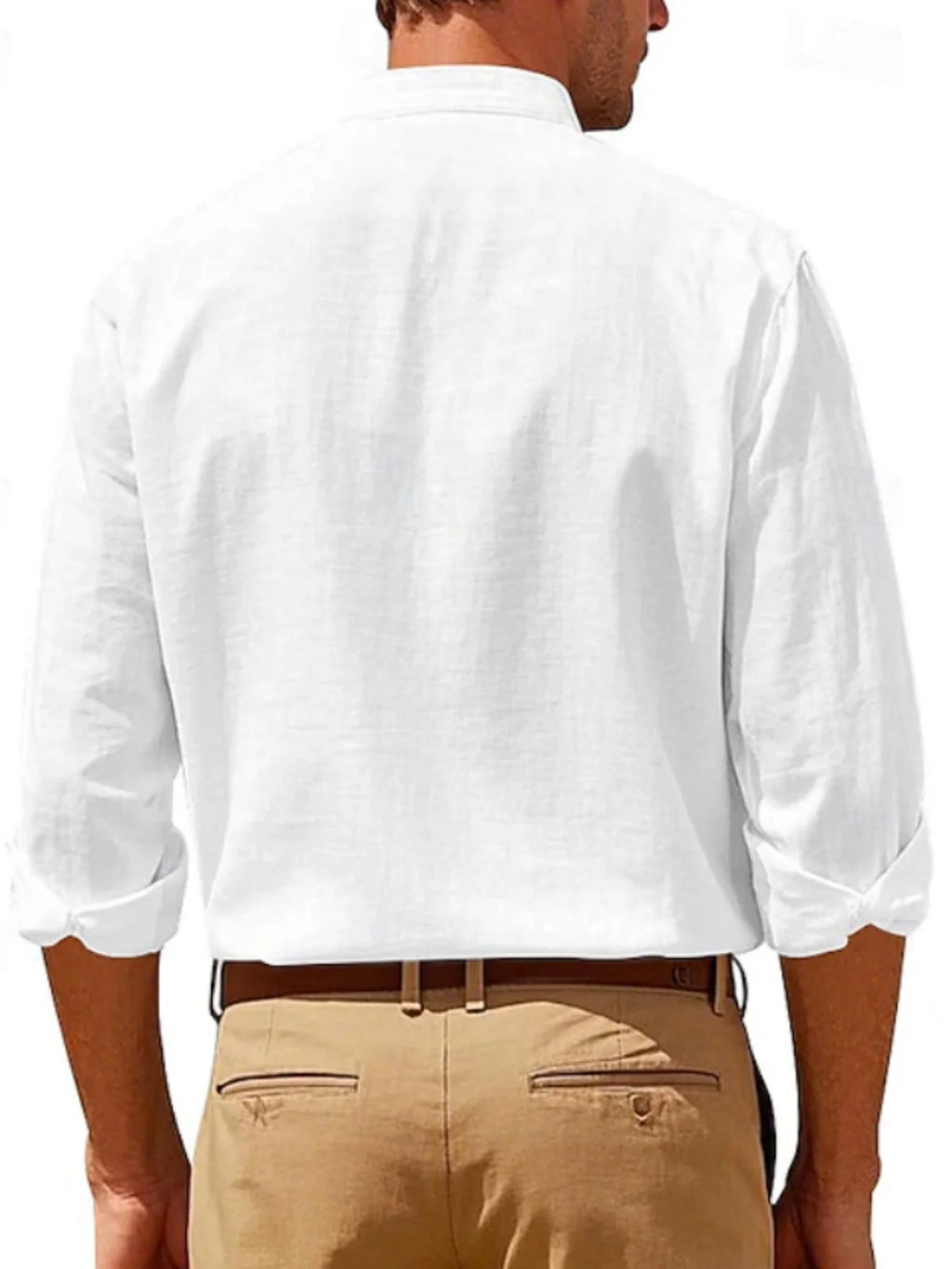 Minimalist Men's White Linen Button-Down Shirt, Stand Collar, Modern Office & Weekend Essential