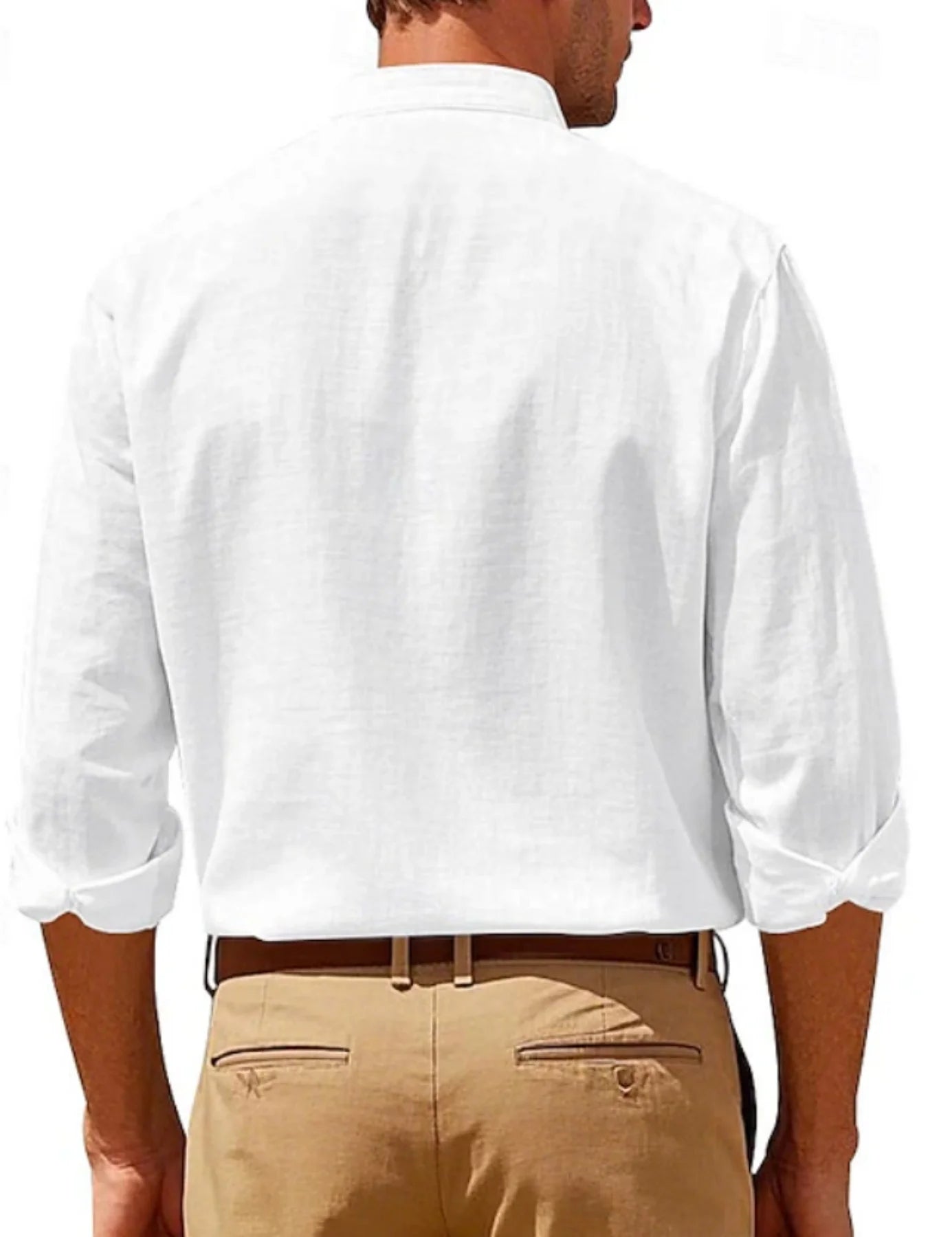 Minimalist Men's White Linen Button-Down Shirt, Stand Collar, Modern Office & Weekend Essential