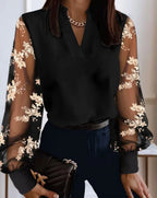 Women's V Neck Blouse with Sheer Floral Lace Long Sleeves and Solid Body for Elegant Office or Evening Wear