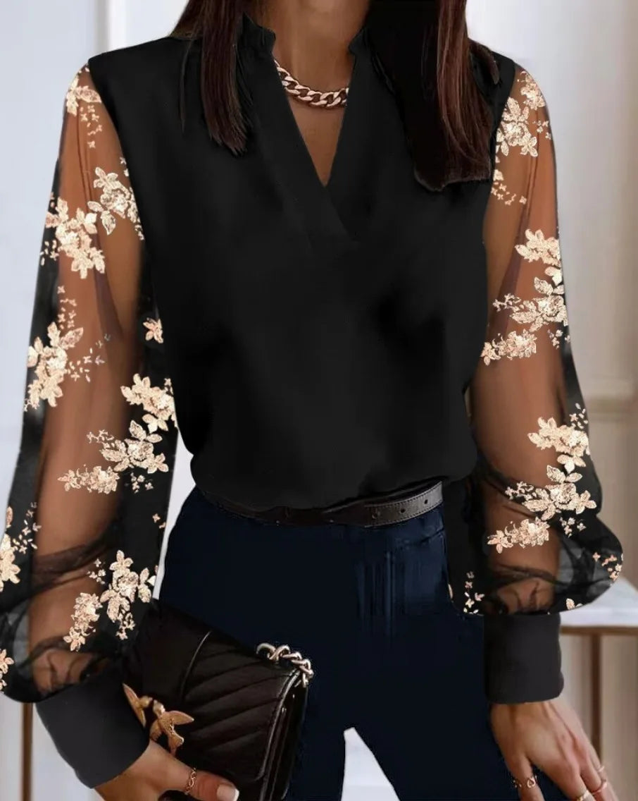Women's V Neck Blouse with Sheer Floral Lace Long Sleeves and Solid Body for Elegant Office or Evening Wear