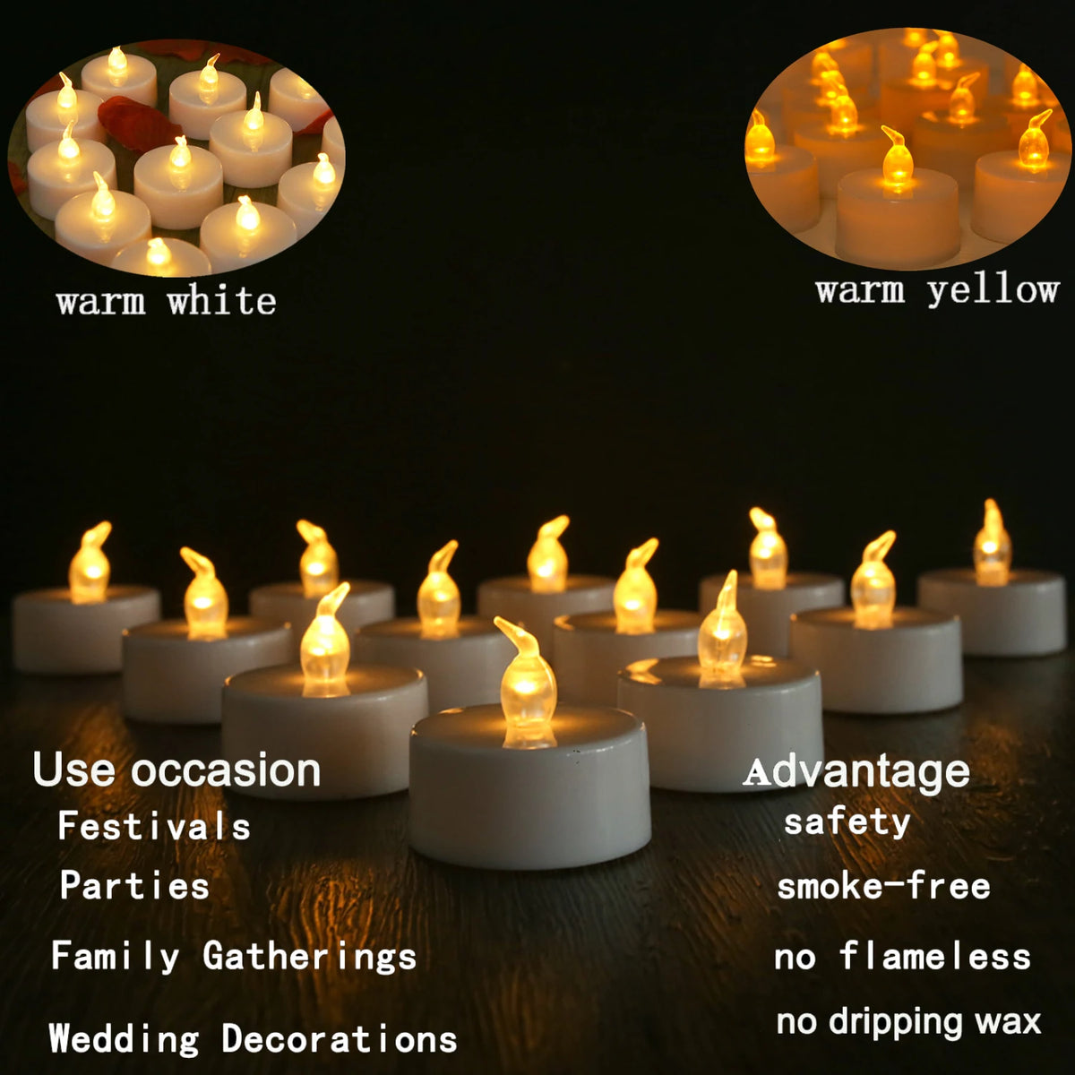 12/24Pack Battery Tea Lights LED Realistic Flameless Flickering Warm Yellow Candle Holiday Gift for Party Wedding Home Decor