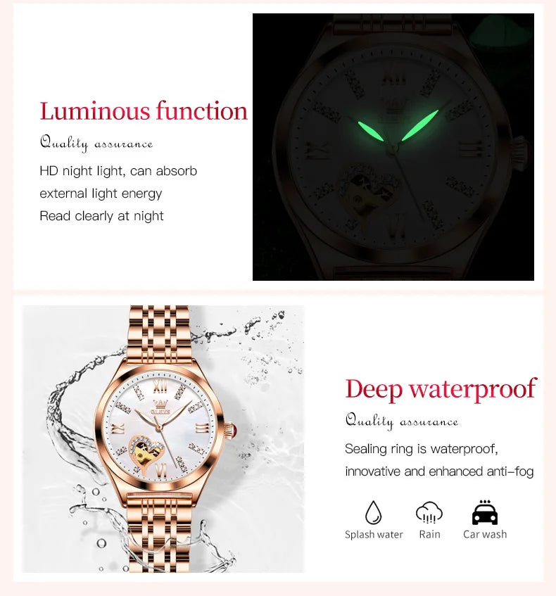 OLEVS Brand 2024 New Fashion Hollow Mechanical Watch for Women Luxury Stainless Steel Strap Waterproof Luminous Womens Watches