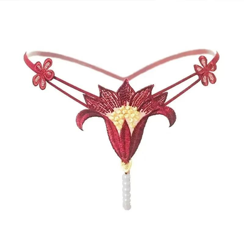 Sexy Lace G-String Embroidery Crotchless Hollow Thongs Solid Color With Pearl T Back Temptation Panties For Women Трусы Женские