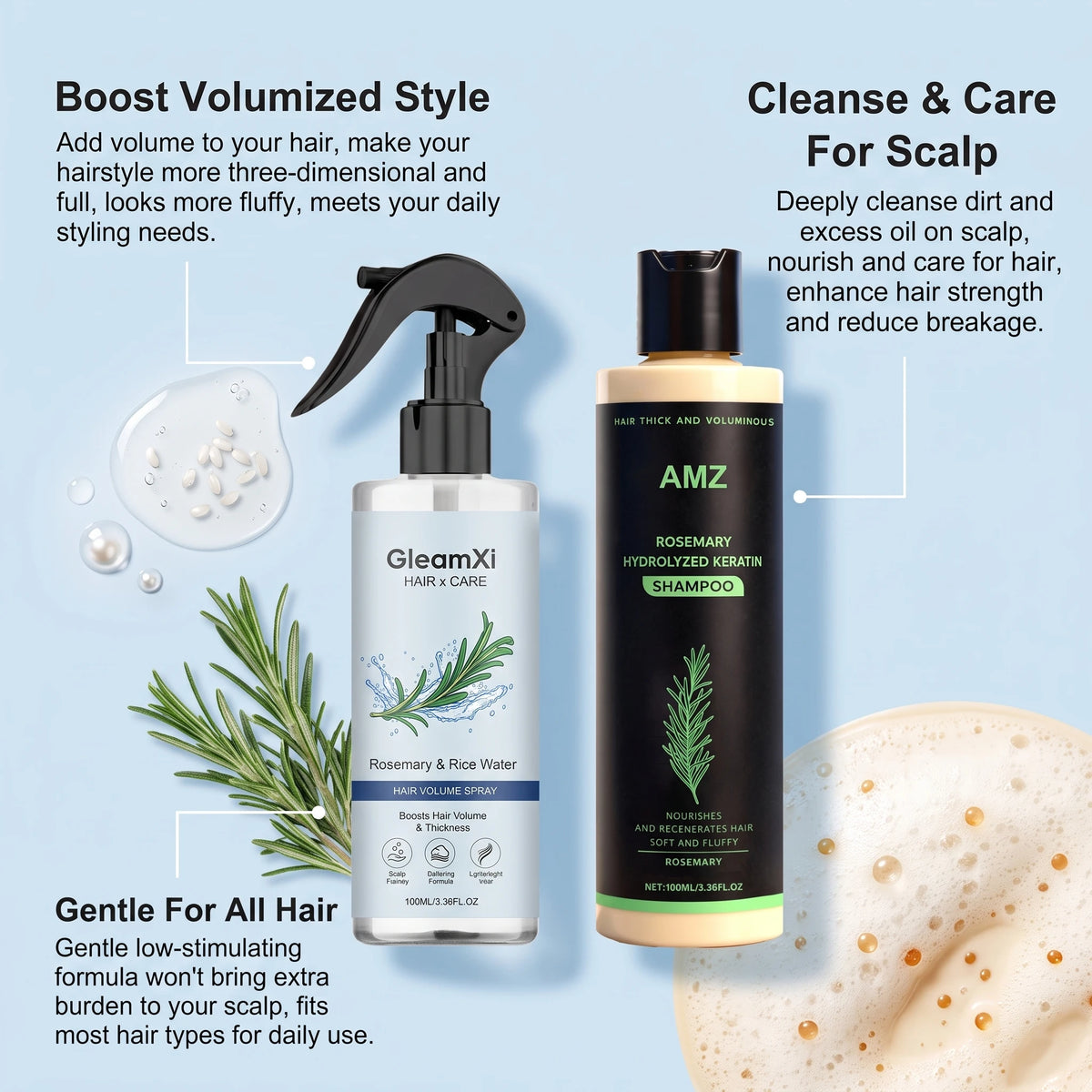 Rosemary Shampoo Set Hair Care Spray Herbal Shampoo with Hydrolyzed Keratin Plant Extract Hair Care Refreshing Hair Daily Use