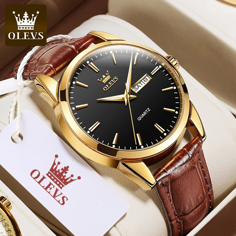 OLEVS 6898 Luxury Waterproof Quartz Watch for Men Sports Shock-resistant Calendar Genuine Leather Luminous Mens Wristwatches