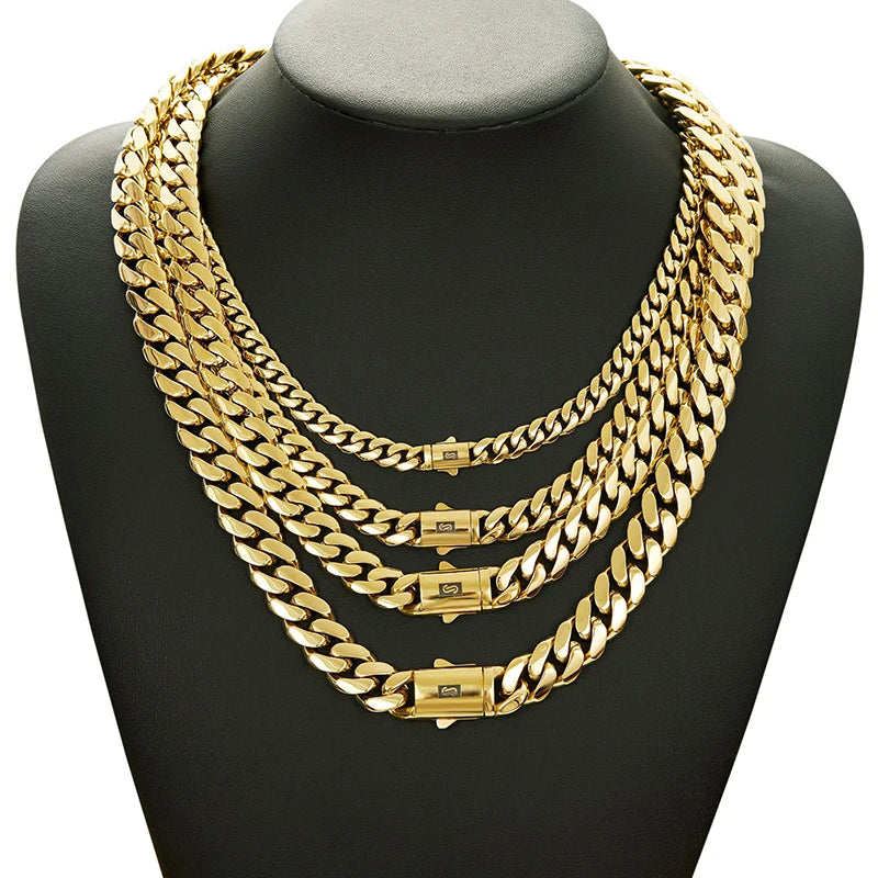 6-14mm Gold Color Stainless Steel Cuban Miami Link Chains Necklaces for Men Hip Hop Rapper Jewelry